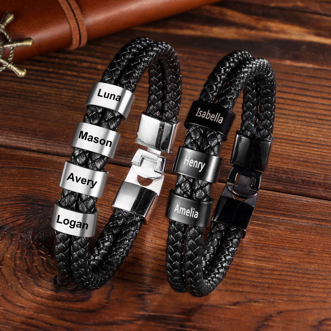 5 Names-Personalized Braided Leather Bracelet Engraved Men's Bracelet for Him