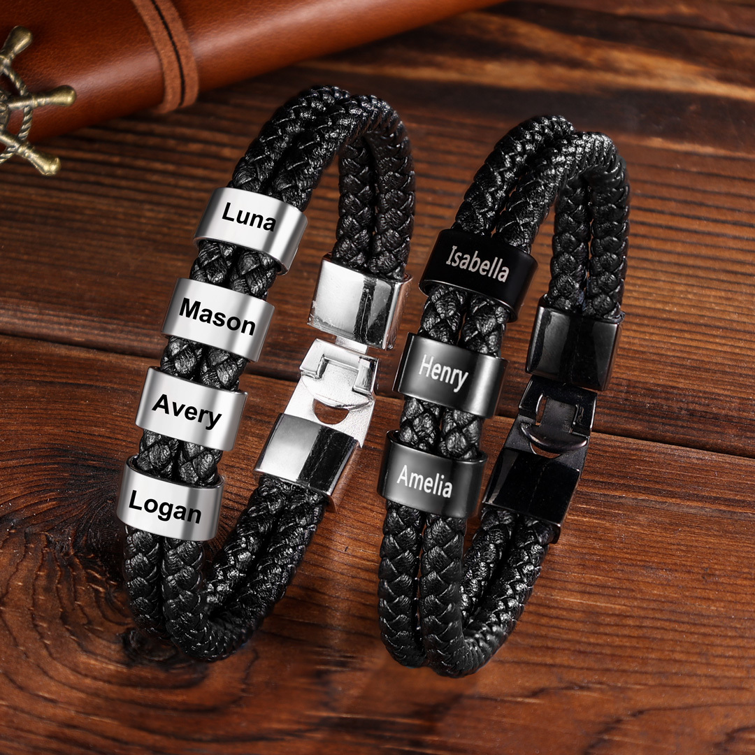 5 Names-Personalized Braided Leather Bracelet Engraved Men's Bracelet for Him