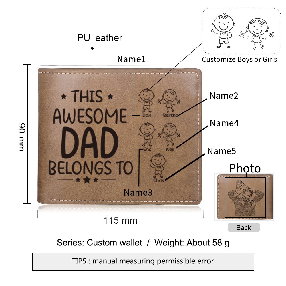 1 Photo & 5 Names Personalized Wallet Handcrafted in the USA-Custom Men's Leather Folding Wallet "This Awesome Dad Belongs To" Father's Day Gifts