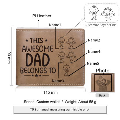 1 Photo & 5 Names Personalized Wallet Handcrafted in the USA-Custom Men's Leather Folding Wallet "This Awesome Dad Belongs To" Father's Day Gifts