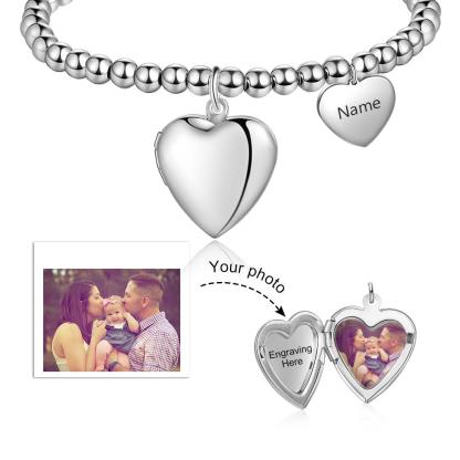 Beaded Chain Bracelet With Heart Photo Locket Personalized With Engraving Charm