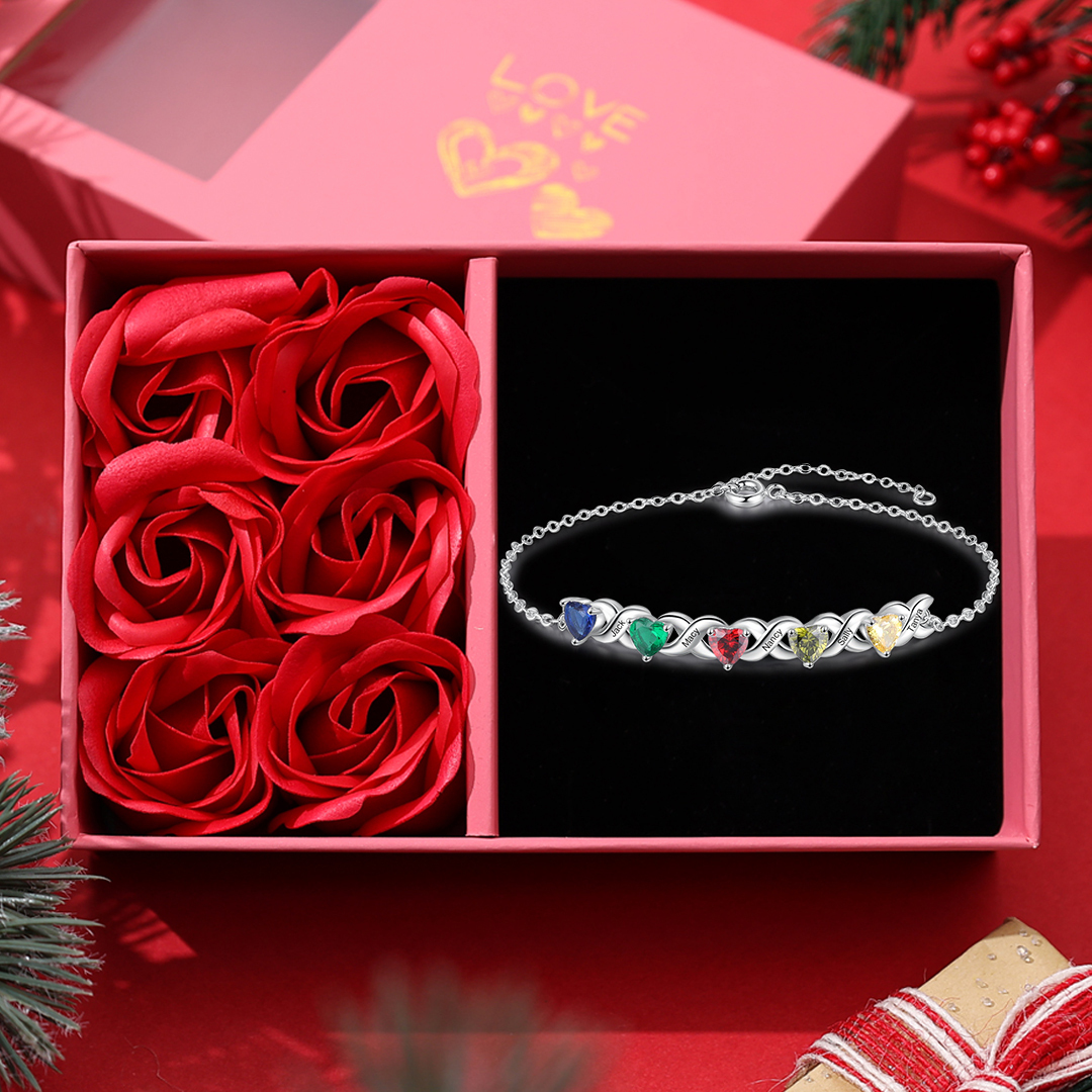 Family Custom Bracelet Heart Personalized with 5 Birthstones