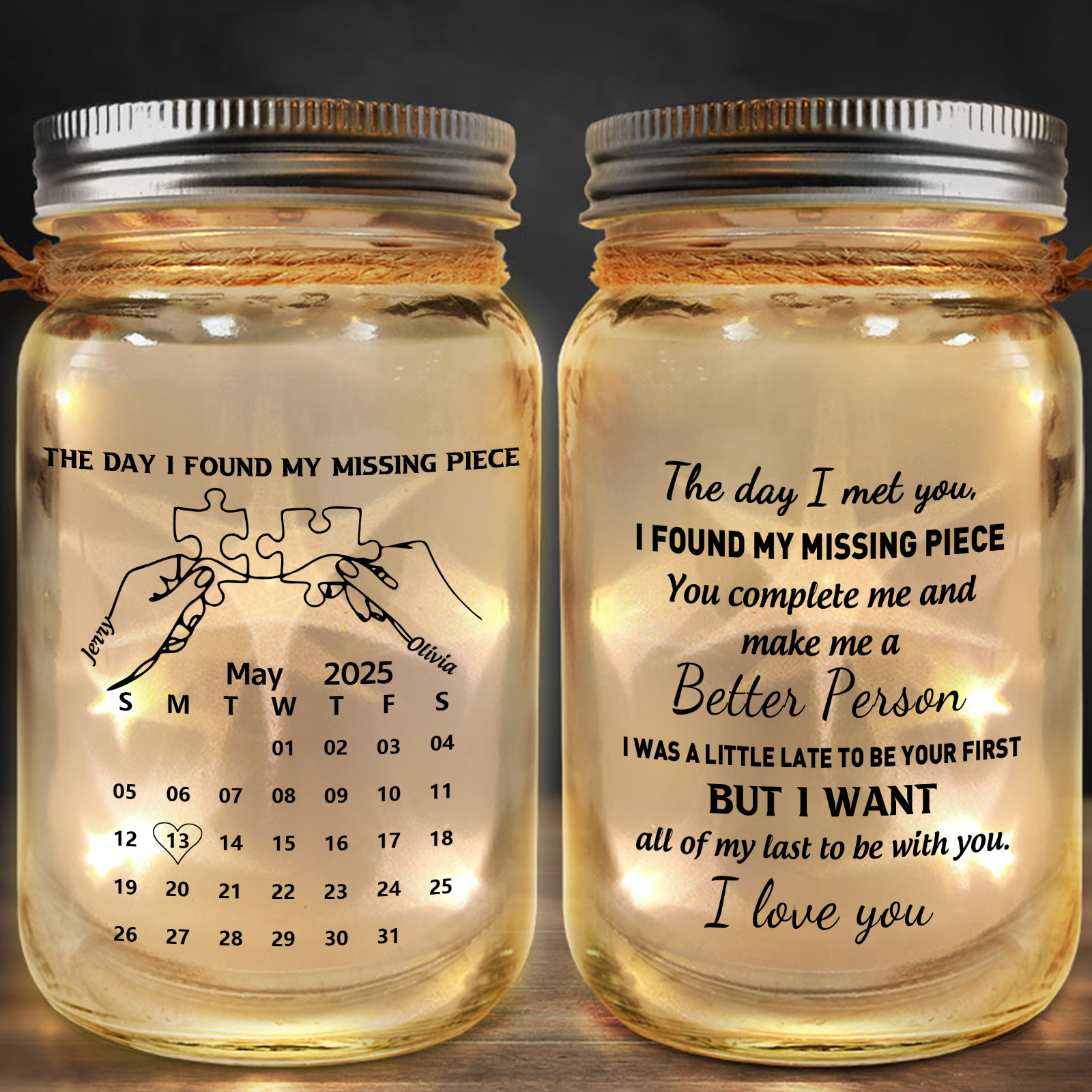 Personalized Puzzle Couple Solar Mason Jar