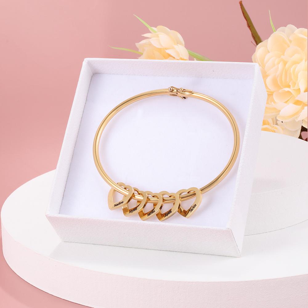 Engraved Personalized Bangle Bracelet with 5 Names with 5 Heart Shape Pendant Gift for Mother