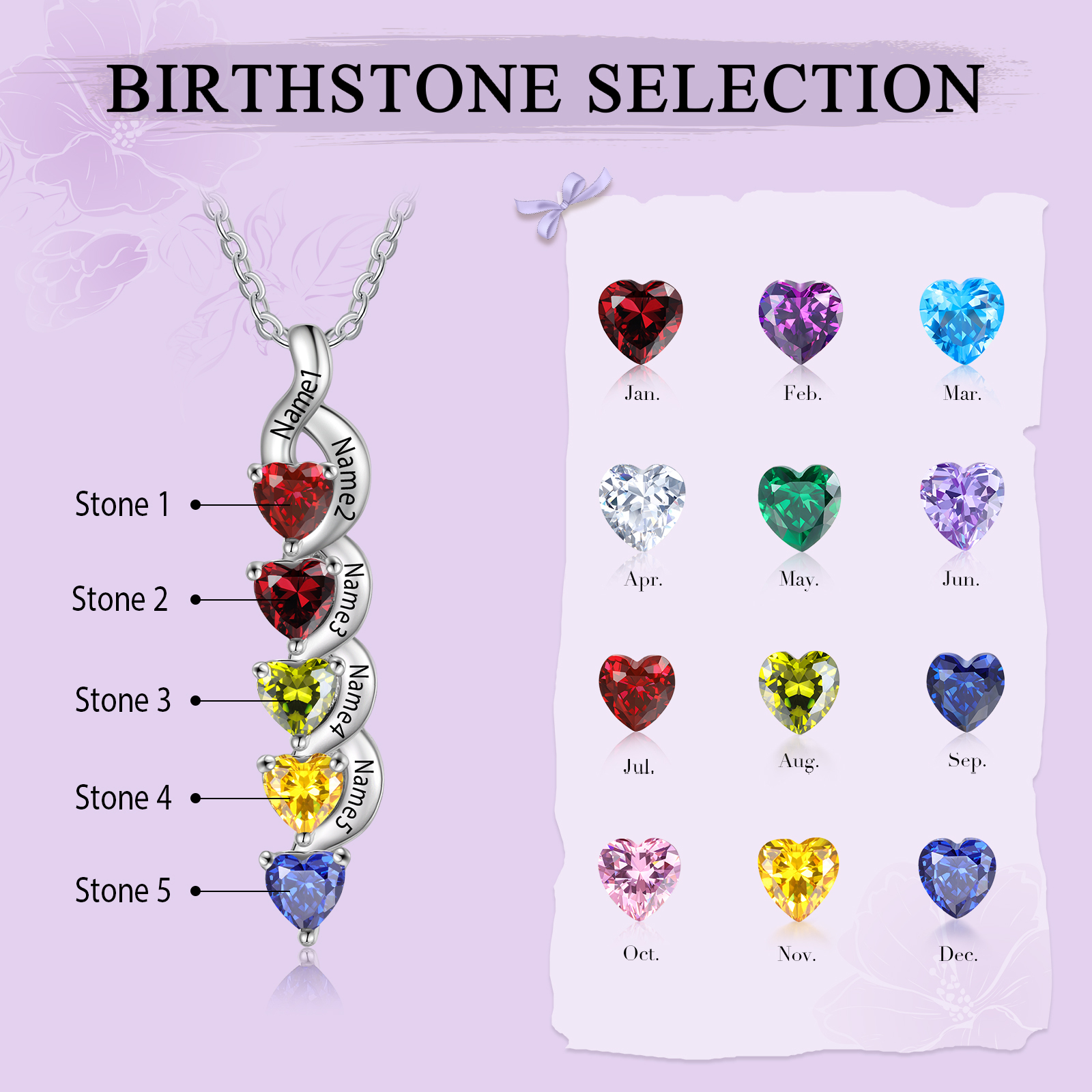 Custom Heart Birthstone Jewelry Set Necklace Bracelet for Family Personalized with 5 Names 5 Birthstones
