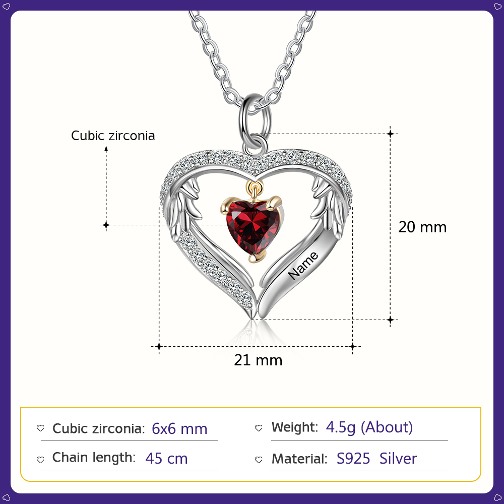 Personalized Diamond Heart Necklace with 1 Birthstone Wings Necklace