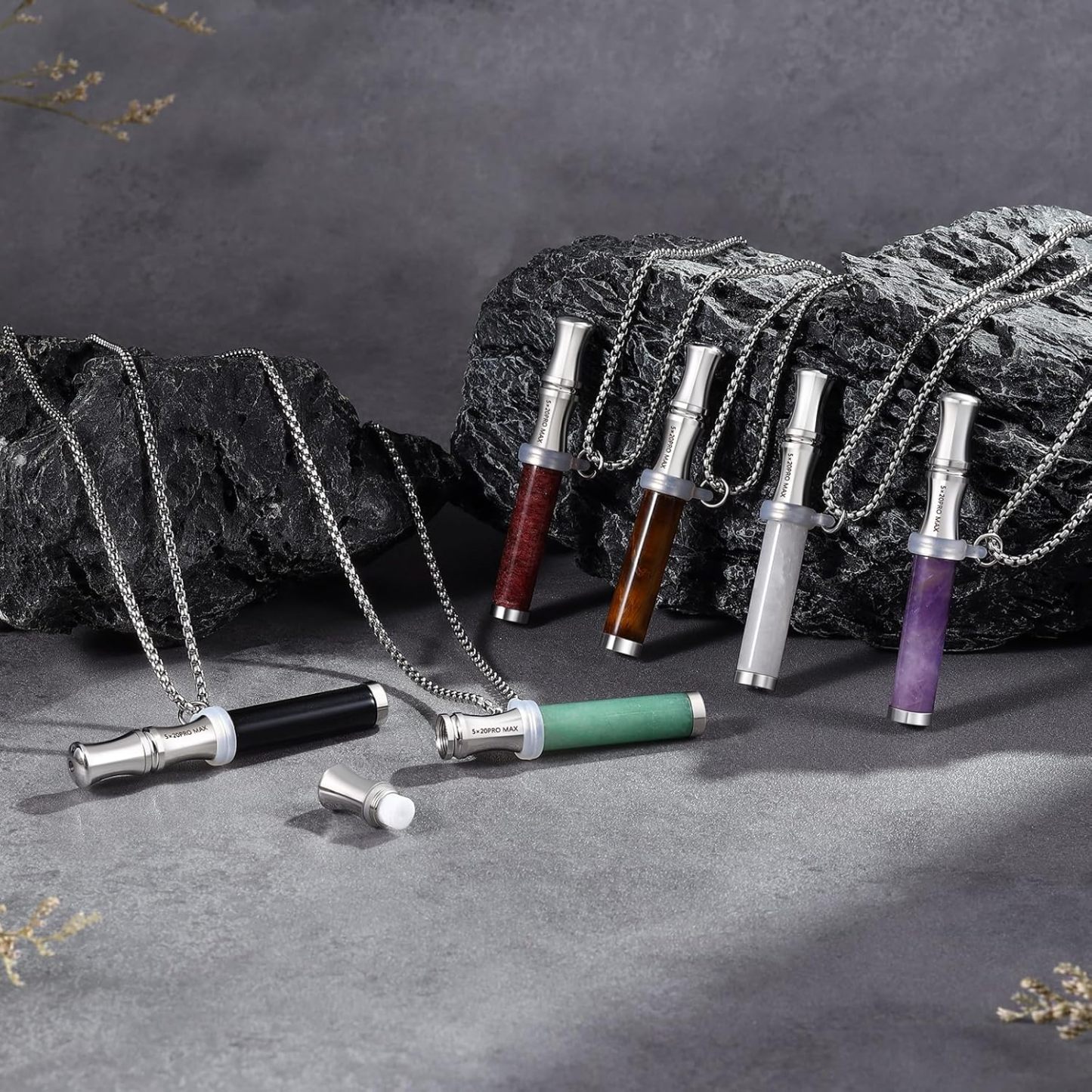 Tiger Eye Stone Breathing Necklace, Steel Accents