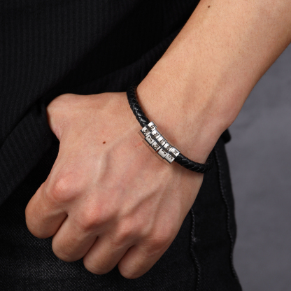 Men Leather Braided Rope Bracelet with 4 Sterling Silver Custom Beads Engarved 4 Family Names Black Bracelet for Men
