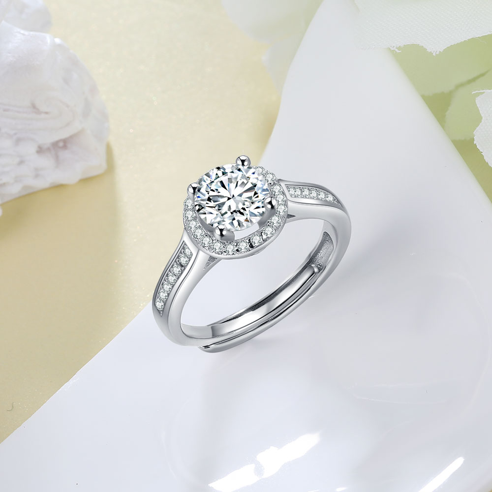 Round Cut Moissanite Ring Engagement Rings Solitaire Ring with CZ Stones Sterling Silver