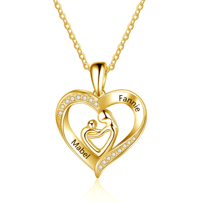 Mother and Child Heart Necklace Engraved with 2 Names Love Necklace Sterling Silver