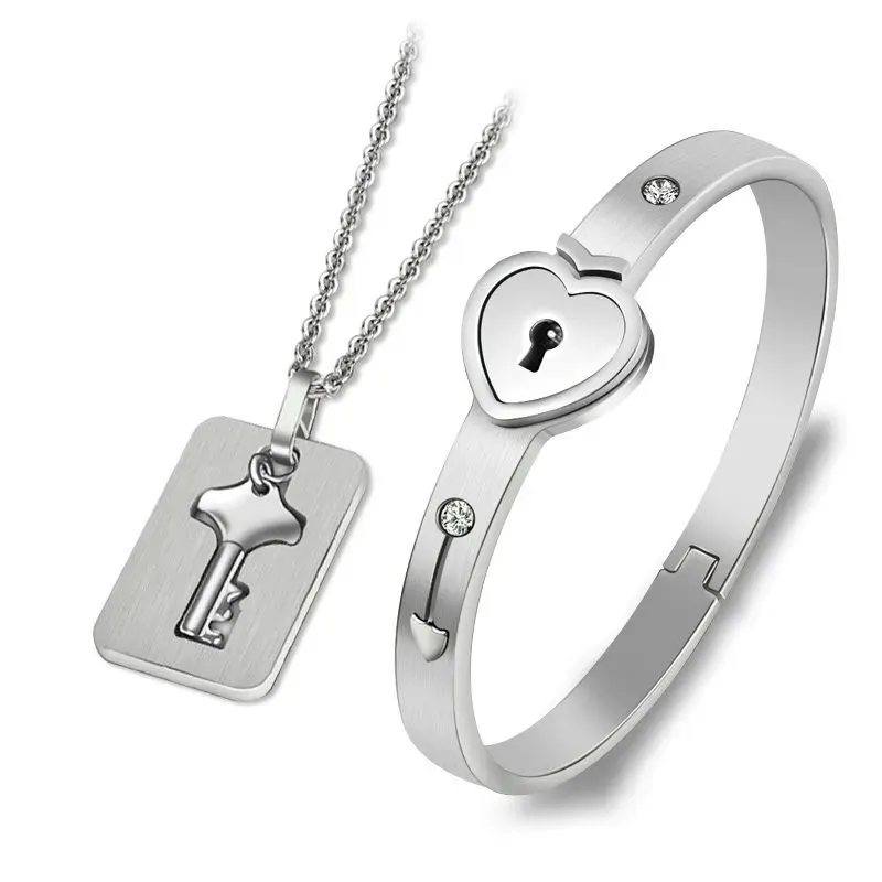 Key to My Heart Couple Key Necklace and Love Lock Bracelet Set