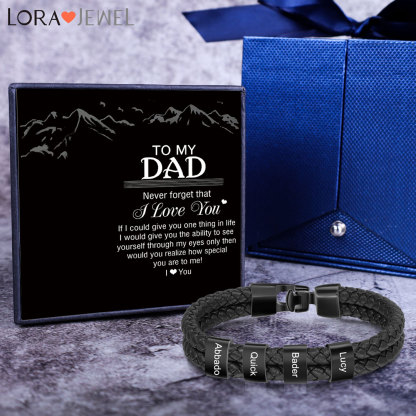 Men Leather Braided Bracelet with Beads Engraved 4 Names Father Gifts