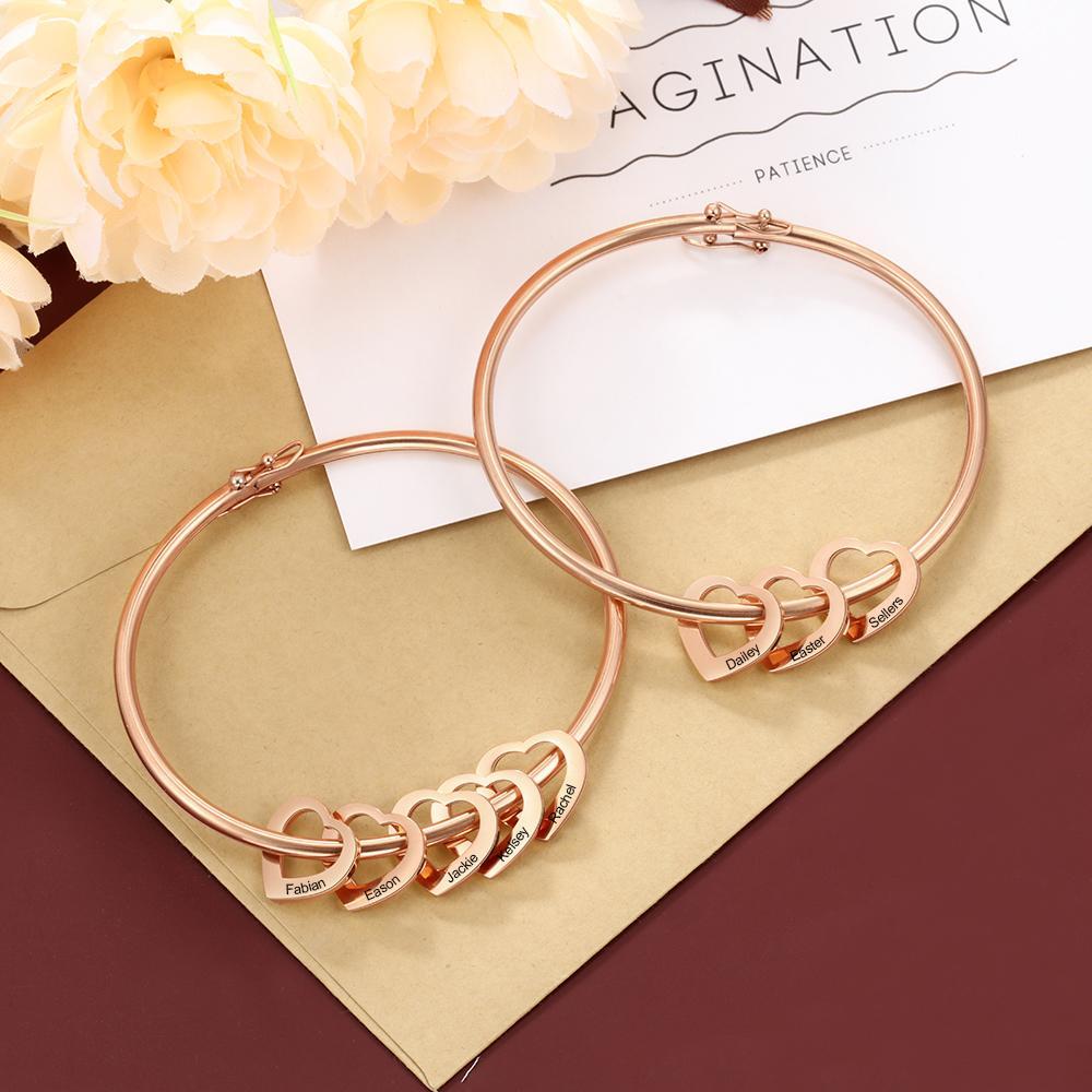 Personalized 5 Names Bracelet Heart Charms Bracelet Love Bangle Gifts for Her