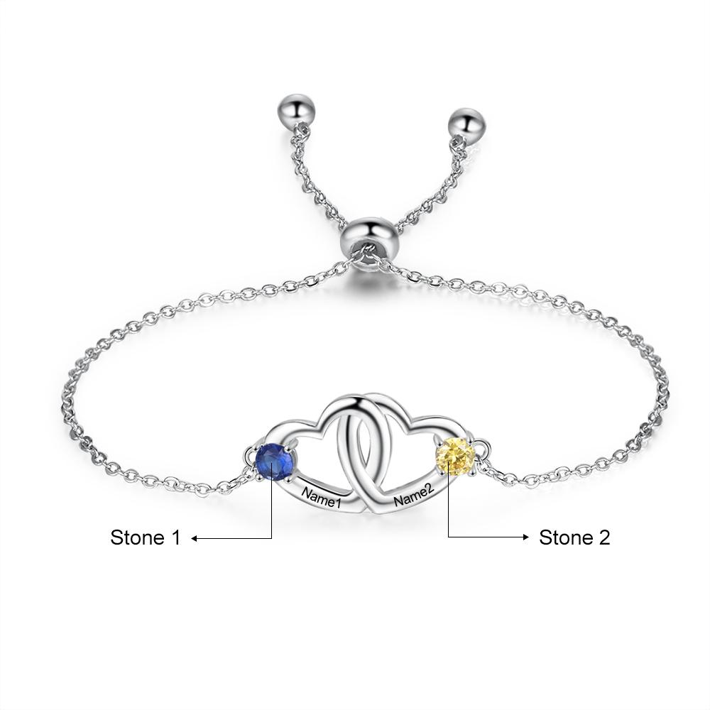 Interlocking Heart Bracelet Personalized with 2 Birthstones Engraved 2 Names