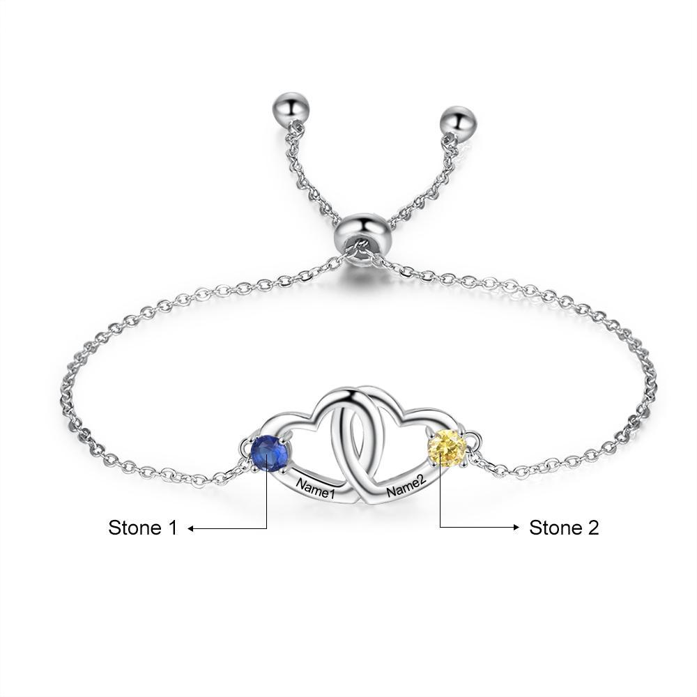 Interlocking Heart Bracelet Personalized with 2 Birthstones Engraved 2 Names
