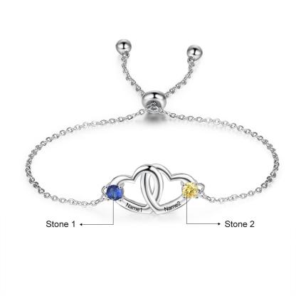 Interlocking Heart Bracelet Personalized with 2 Birthstones Engraved 2 Names