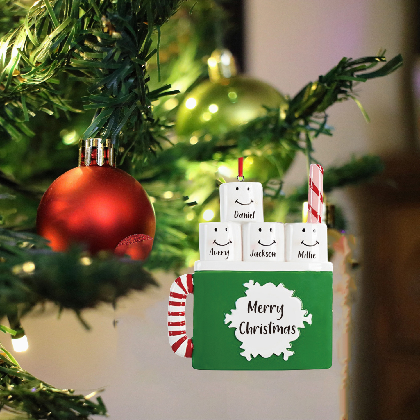 4 Names - Personalized Xmas Ornament Custom Name & Text Christmas Tree Wooden Decor Gift for Family Friends