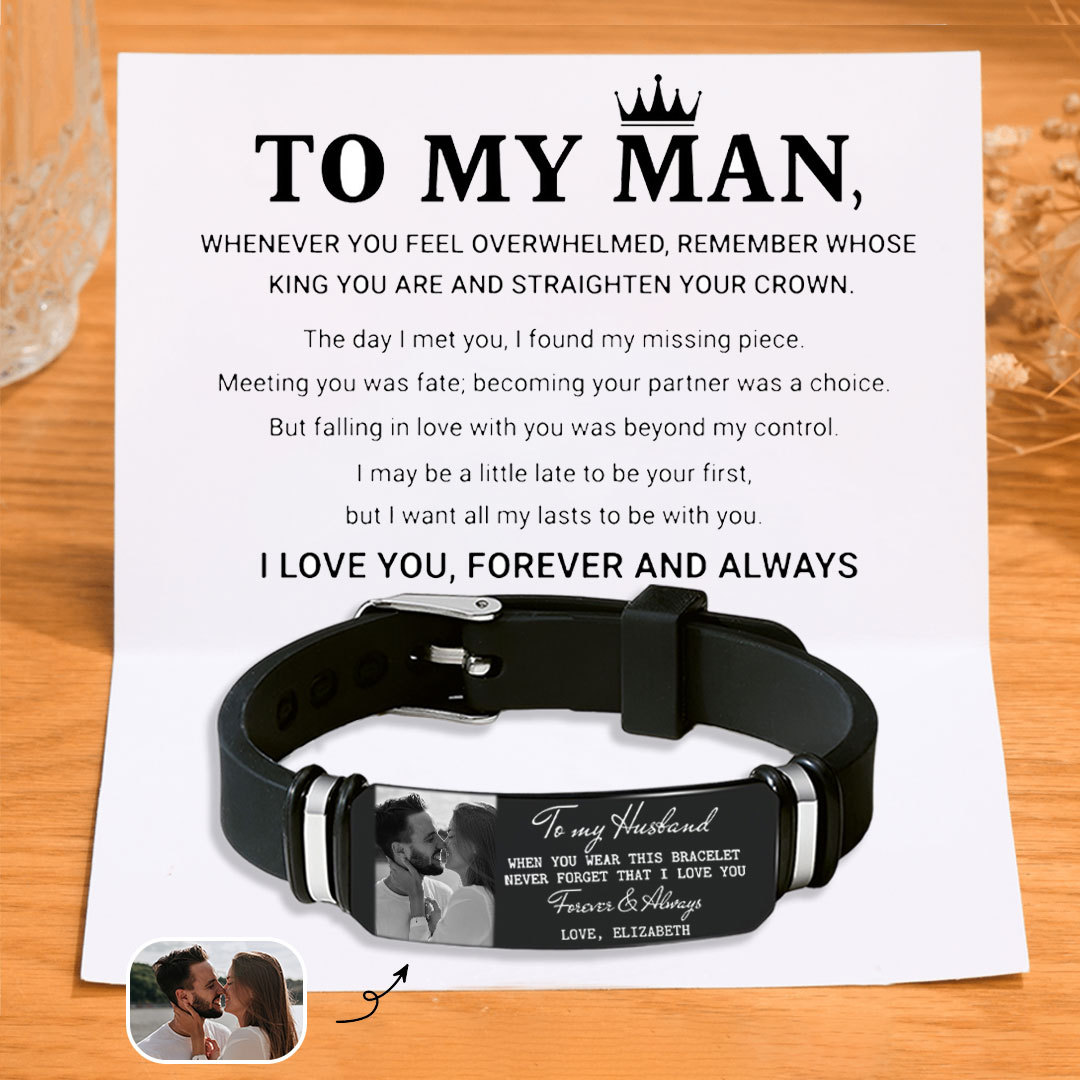Personalized Mens Bracelet To My Man Never Forget I Love You Custom 1 Photo and 1 Name Gift Set for Him
