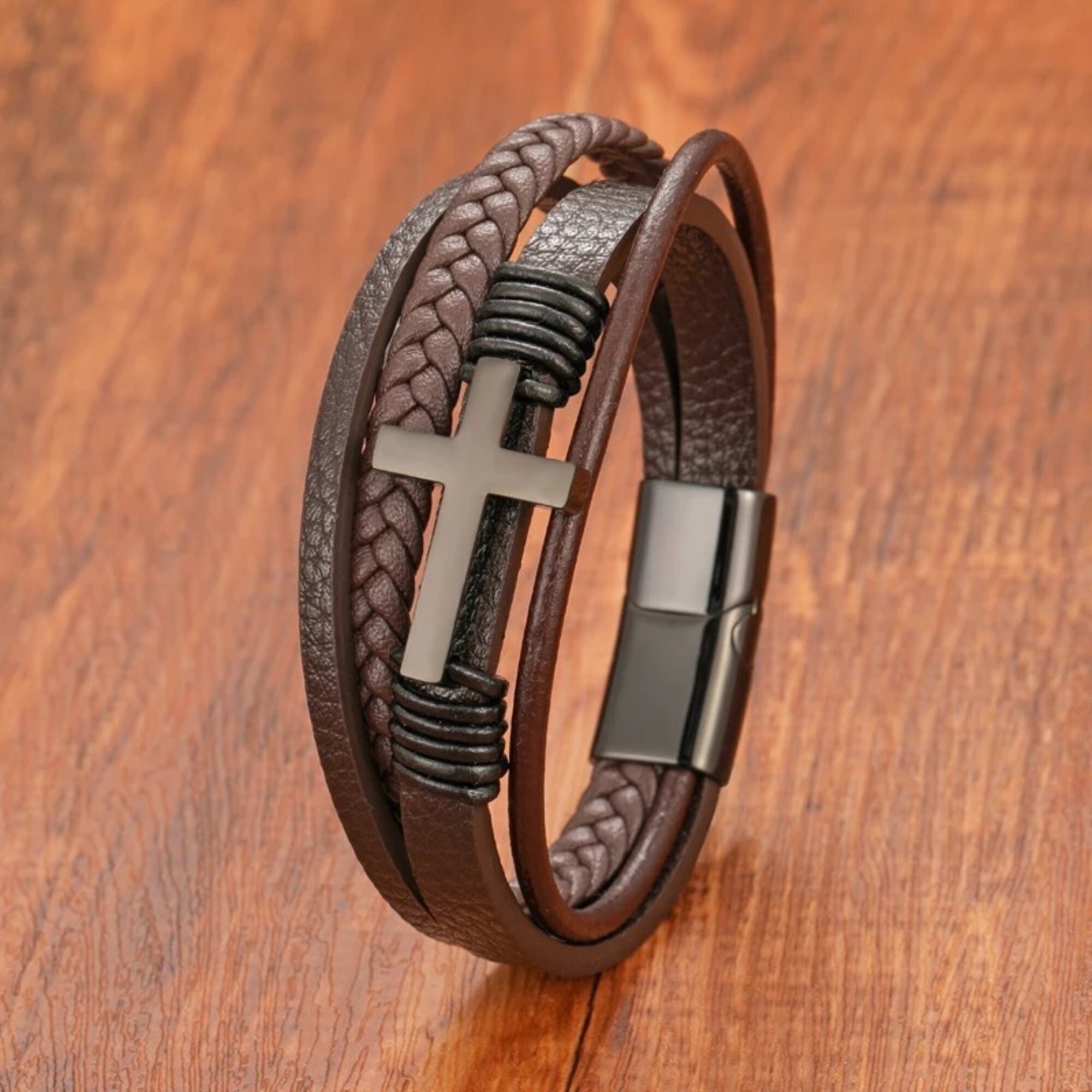 Men Braided Leather Cross Bracelets with Magnetic Clasp Gifts for Him
