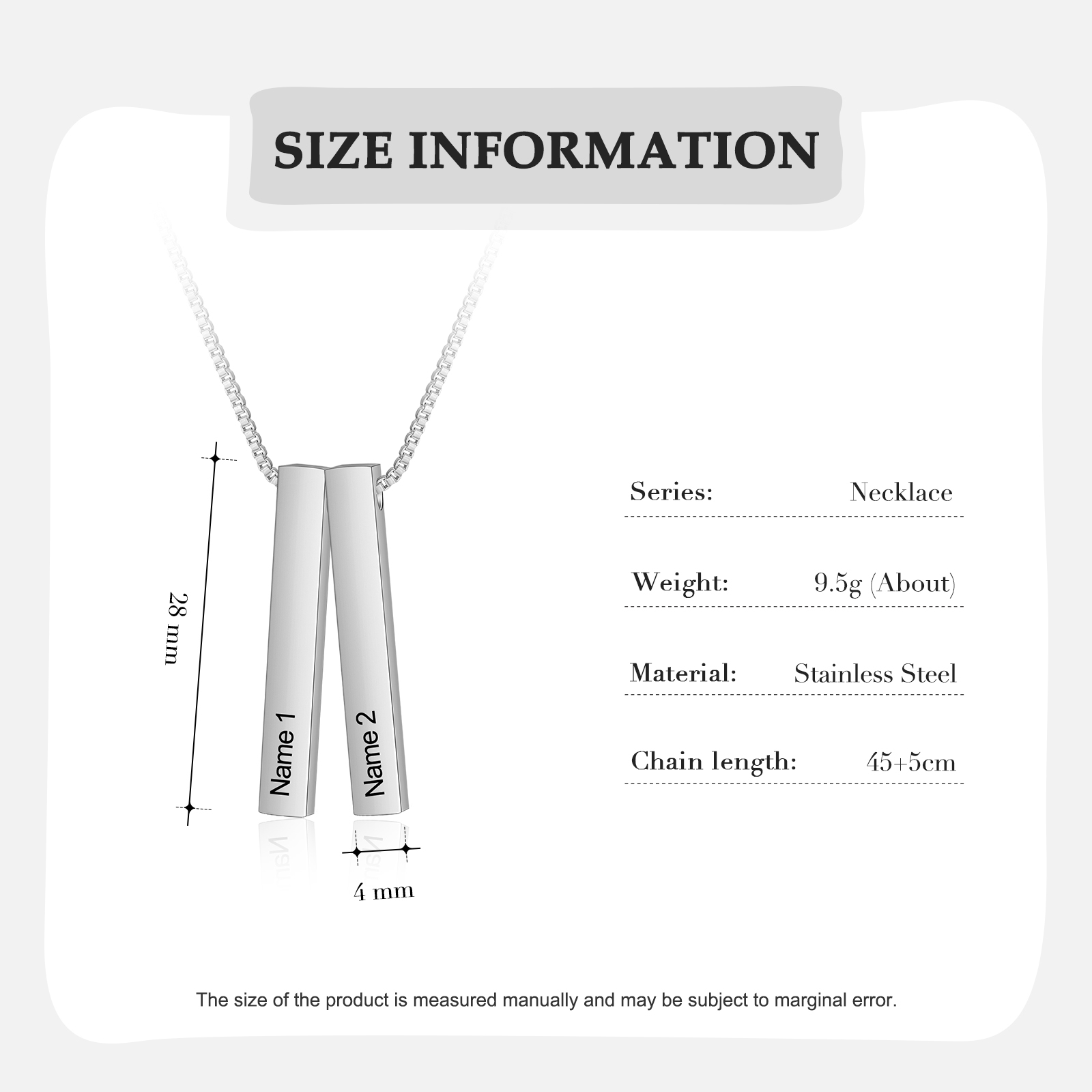 Vertical Bar Necklace Personalized 2 Names 3D Bar Necklace