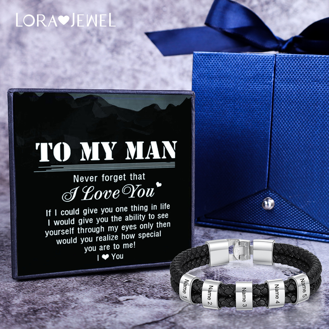 Men Leather Braided Bracelet with Beads Engraved 5 Names Father Gifts