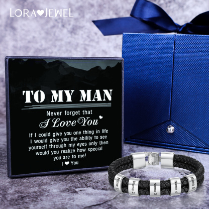 Men Leather Braided Bracelet with Beads Engraved 5 Names Father Gifts
