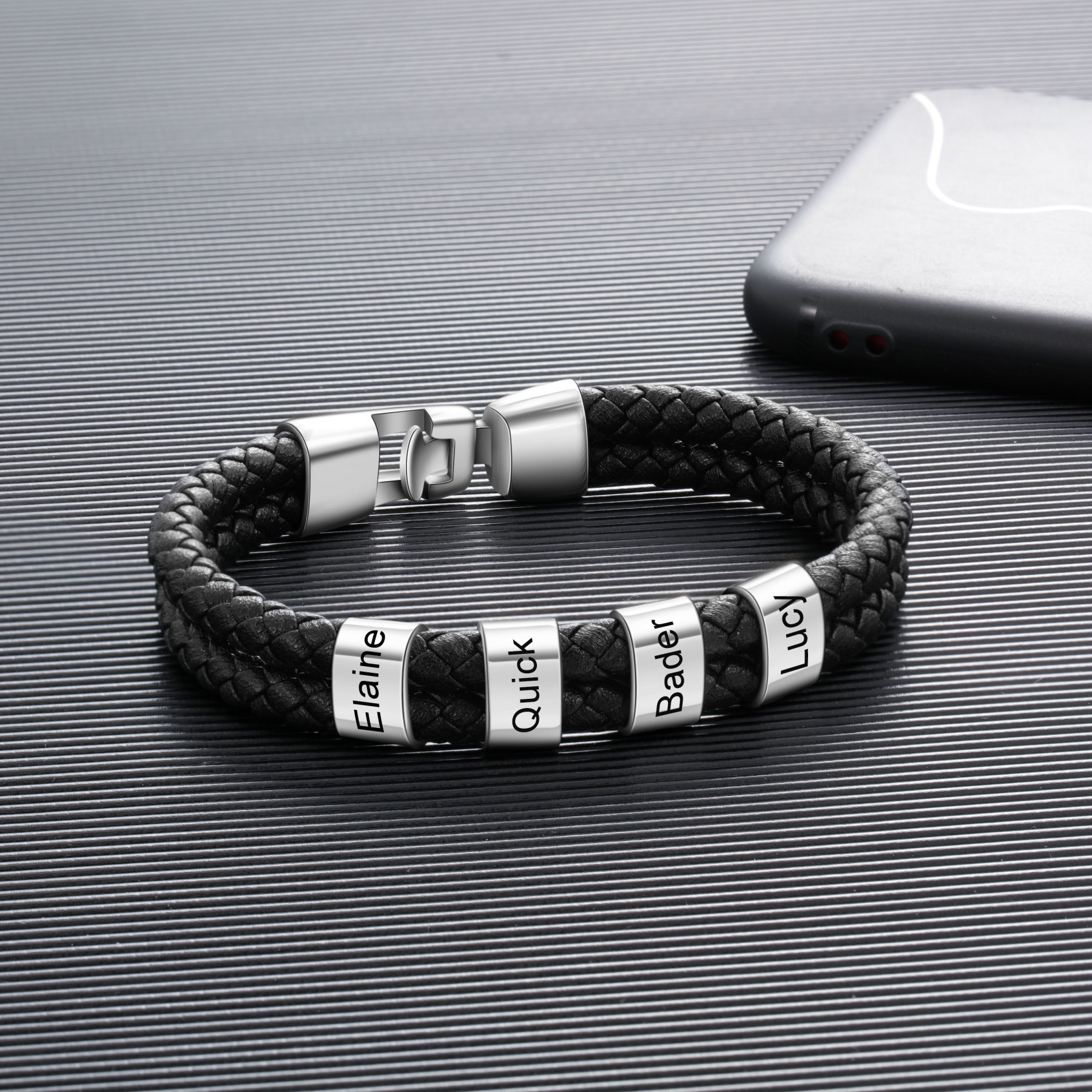 4 Names Personalized Braided Leather Bracelet Engraved Men's Bracelet for Him