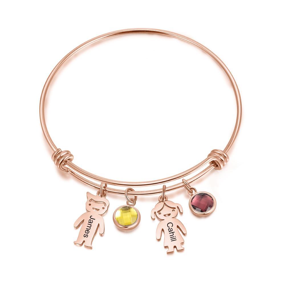Bangle Bracelet with Kids Charms 2 Birthstone Engraved 2 Names Rose Box Set