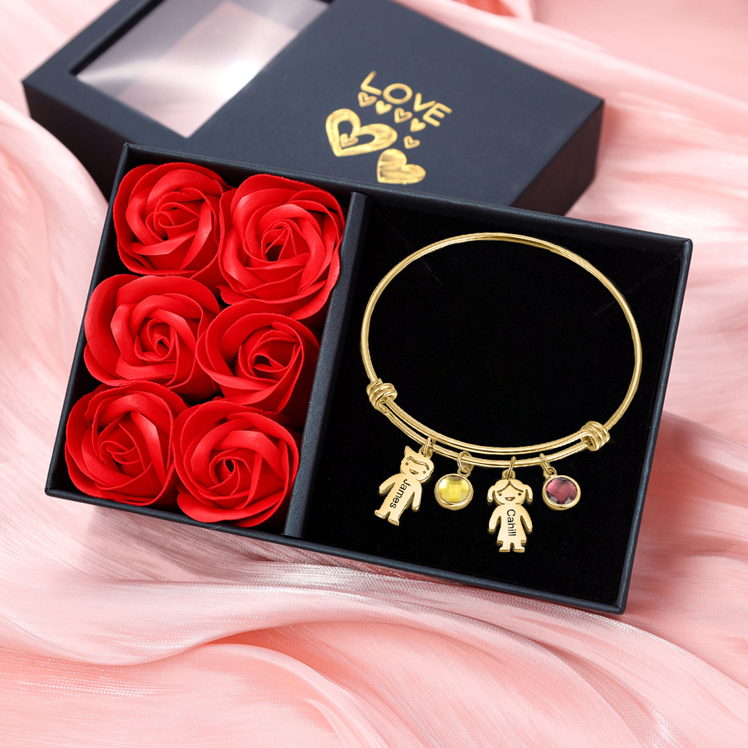Bangle Bracelet with Kids Charms 2 Birthstone Engraved 2 Names Rose Box Set