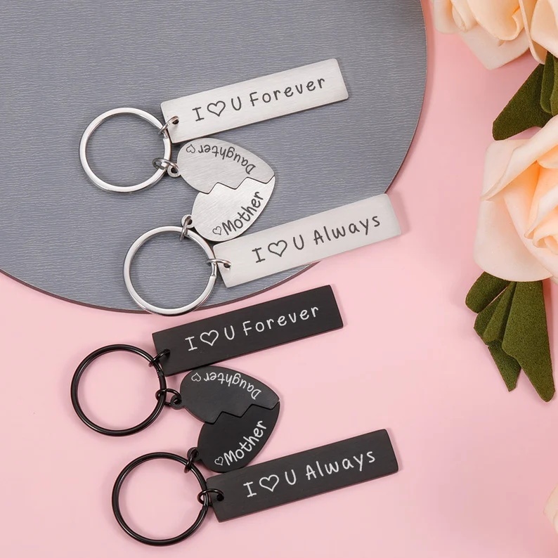Mother and Daughter Keychain Personalized Two Soul One Heart Stainless Steel Keyring