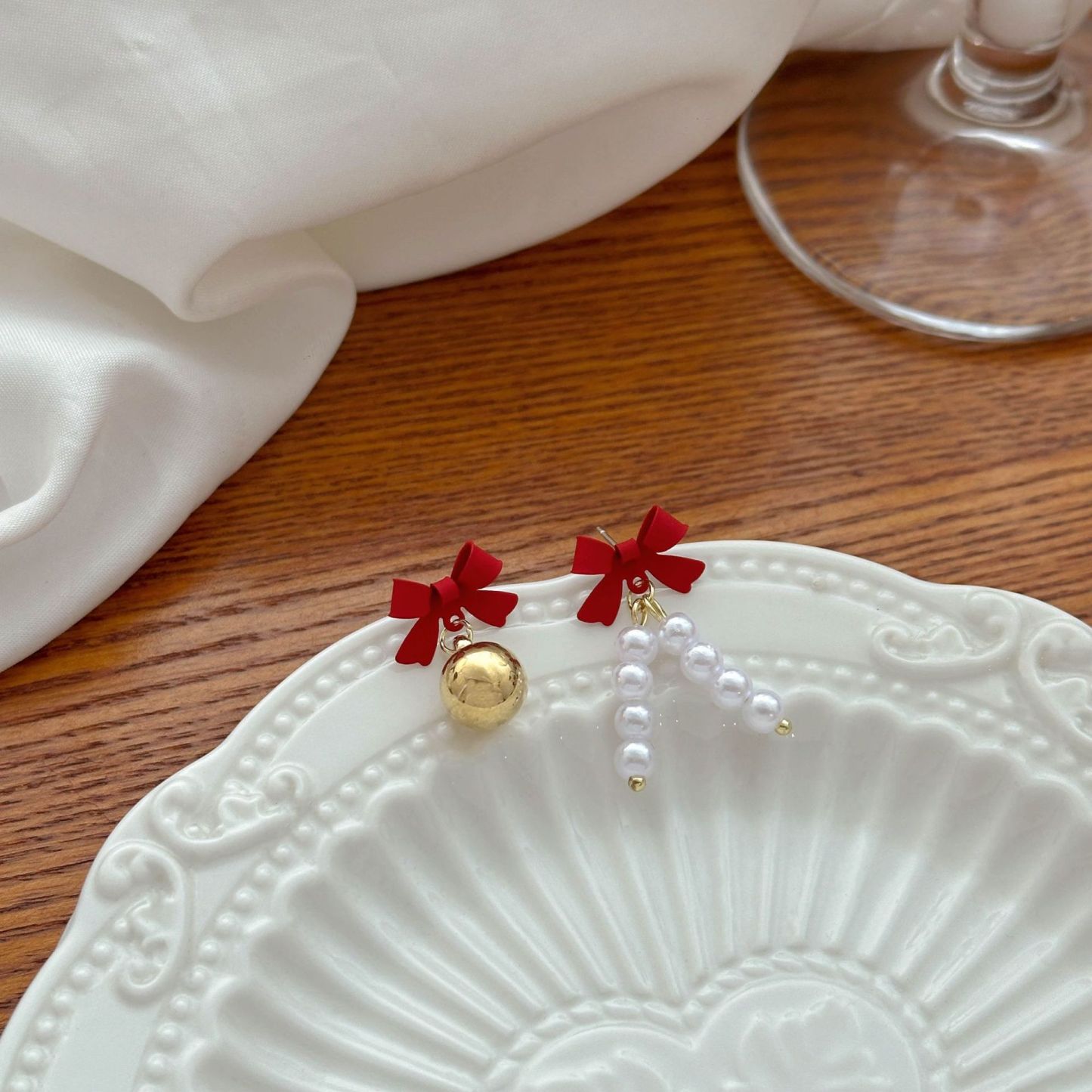 Christmas Asymmetrical Bow & Pearl Earrings Festive Holiday Gift