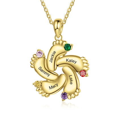 Baby Feet Necklace Custom 5 Birthstone Family Gifts for Mother