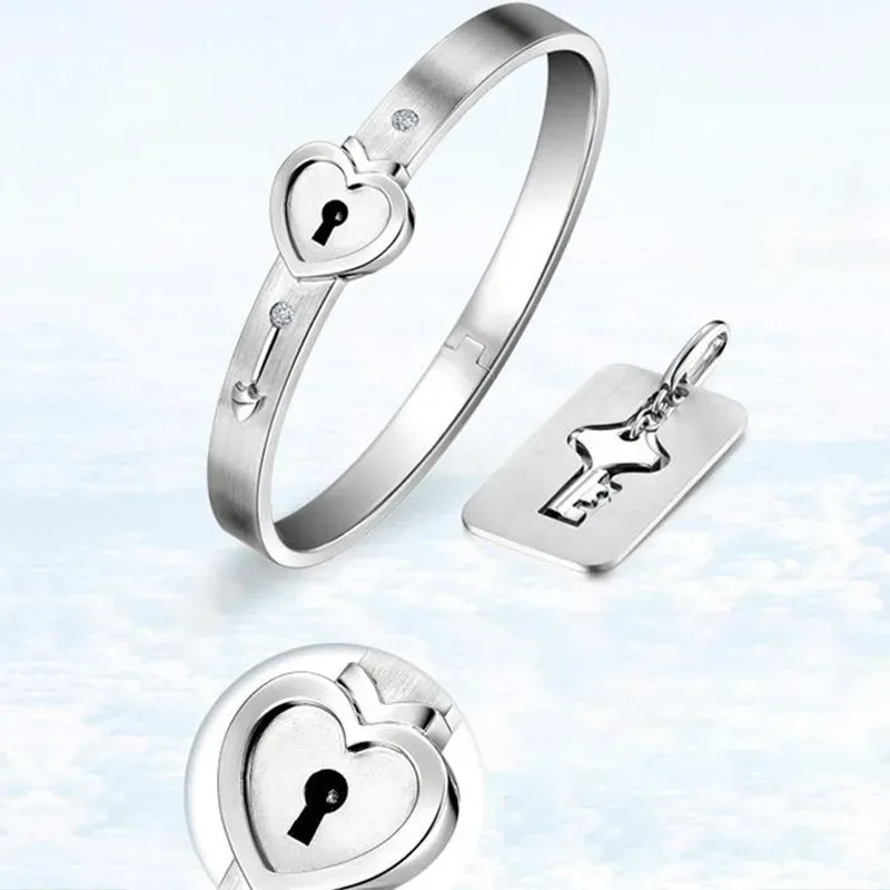 Key to My Heart Couple Key Necklace and Love Lock Bracelet Set