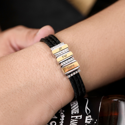 Personalized Mens Leather Bracelet Engraved 3 Names Three Layer Bracelet for Him