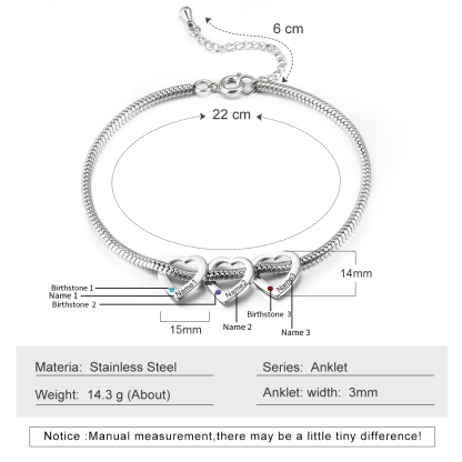 Custom Anklet Engraved 3 Names and Birthstones Heart Shaped Charm Personalized Bracelet for Women