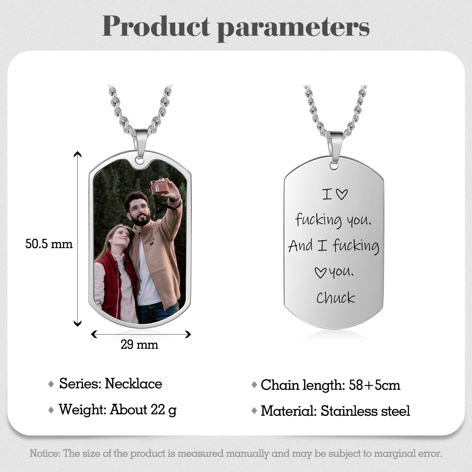 Funny Personalized Photo Necklace "I Love F❤cking You and I F❤cking Love You" Key Ring Gift for Couple