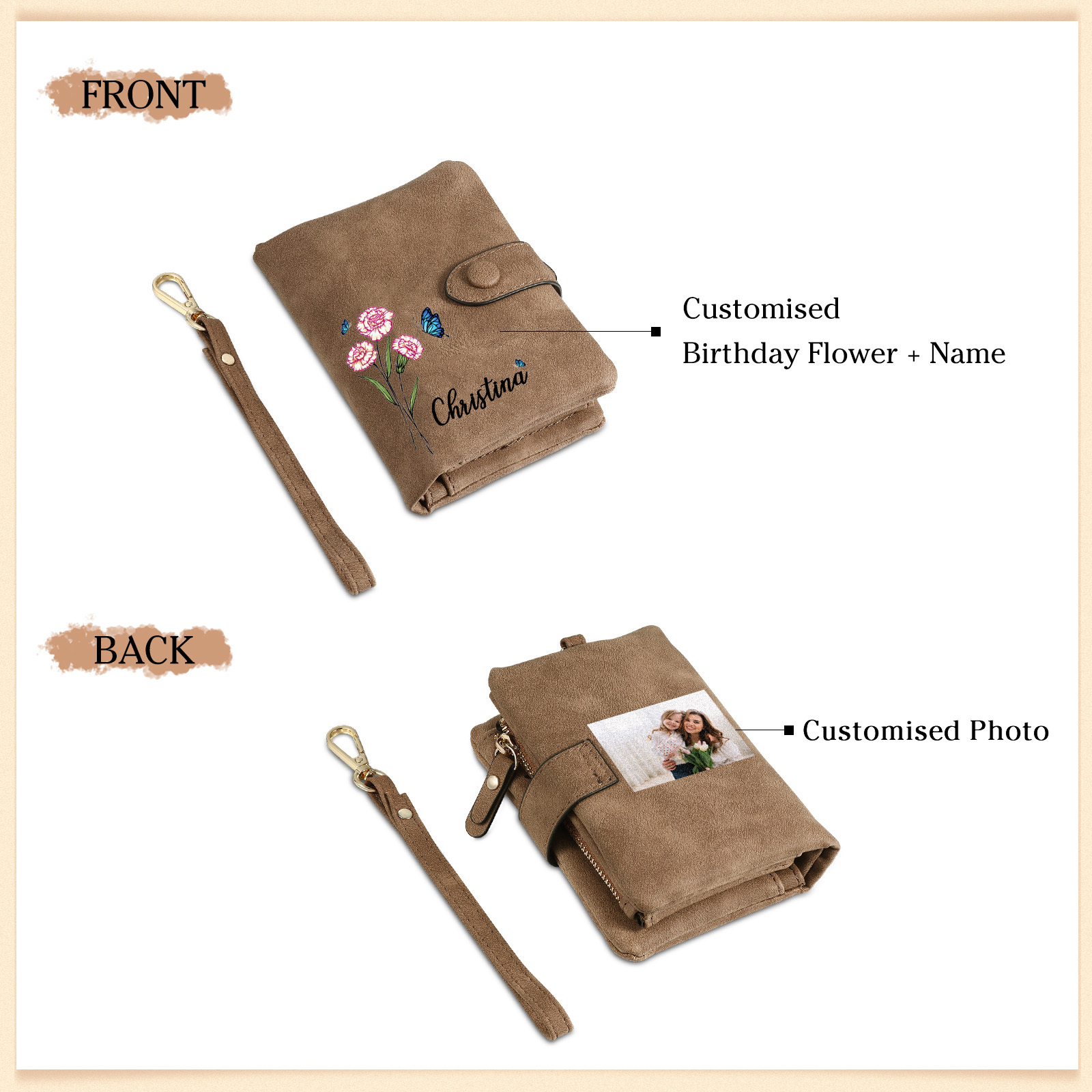 Personalized Women's Leather Wallet Custom Birthday Flower & Name & Photo Wallet Gift for Her