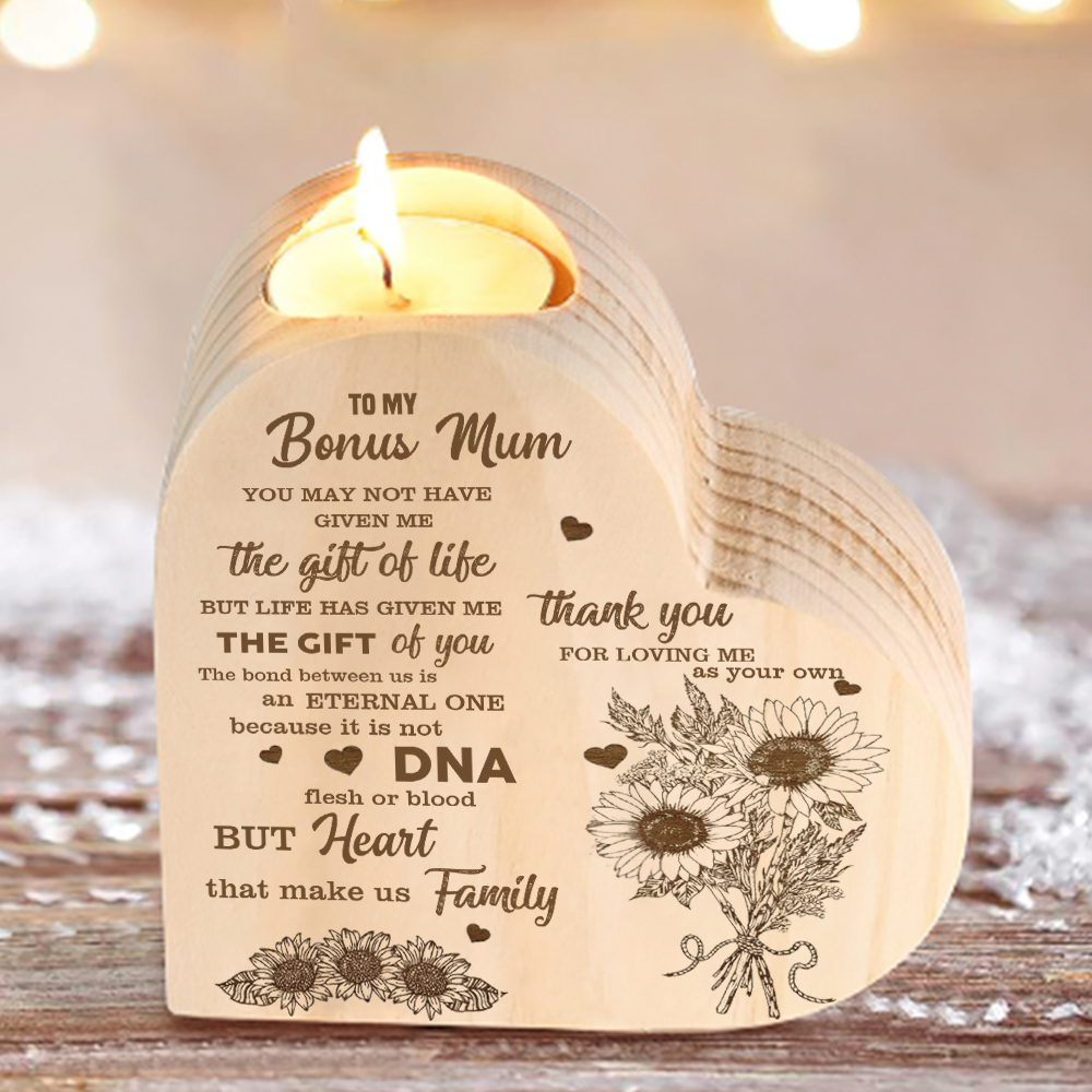 To My Mum - Wooden Heart Candle Holder Flower Candlesticks "Thank you for loving me as your own" Gifts For Mother