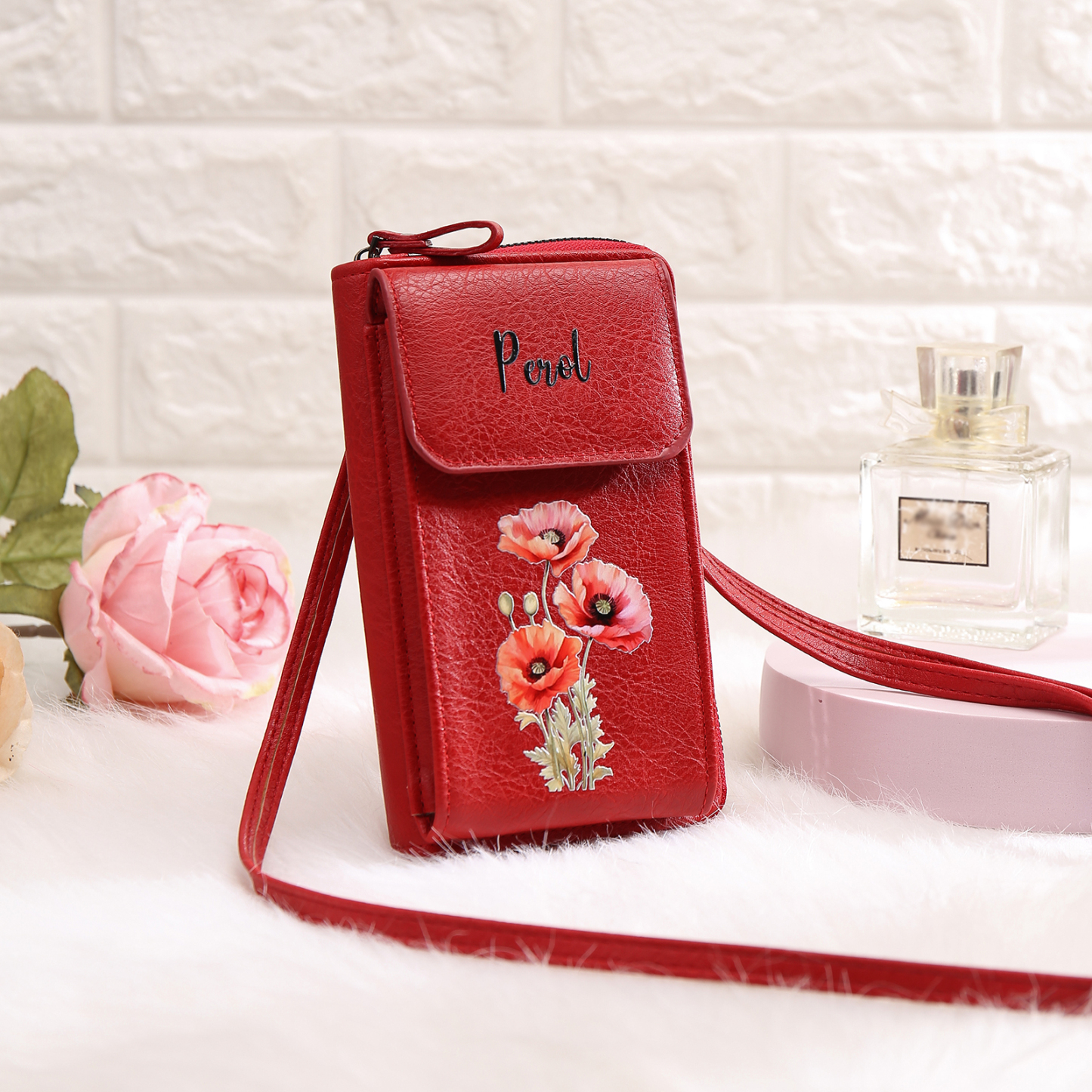 Personalized Women's Leather Wallet Custom Birthday Flower & Name Mobile Phone Wallet Zipper Crossbody Bag