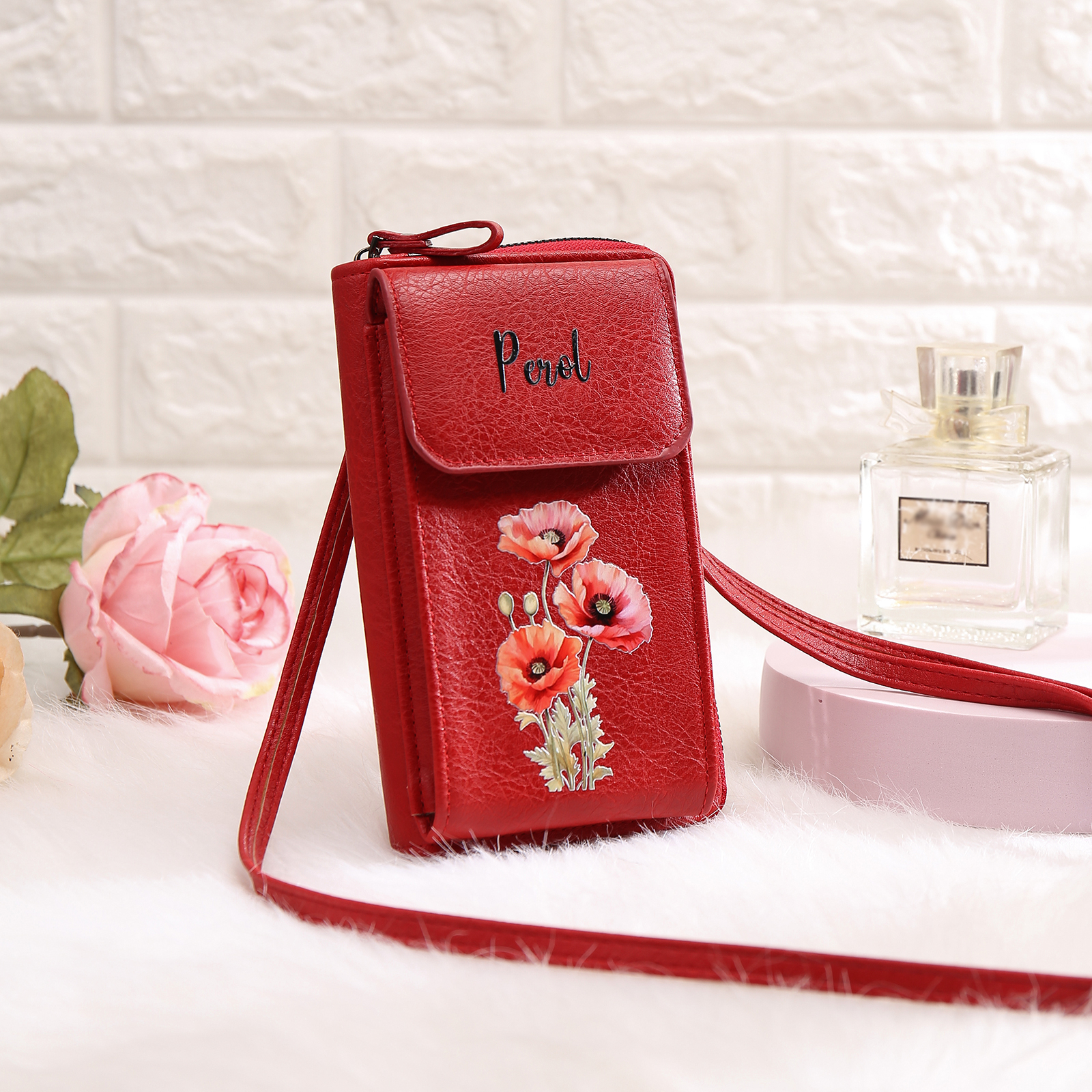 Personalized Women's Leather Wallet Custom Birthday Flower & Name Mobile Phone Wallet Zipper Crossbody Bag