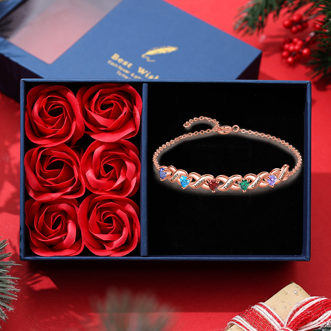 Family Custom Bracelet Heart Personalized with 5 Birthstones