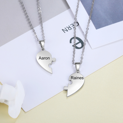 Personalized Heart Puzzle Necklace Engraved 2 Names Matching Necklace Gifts for Couple