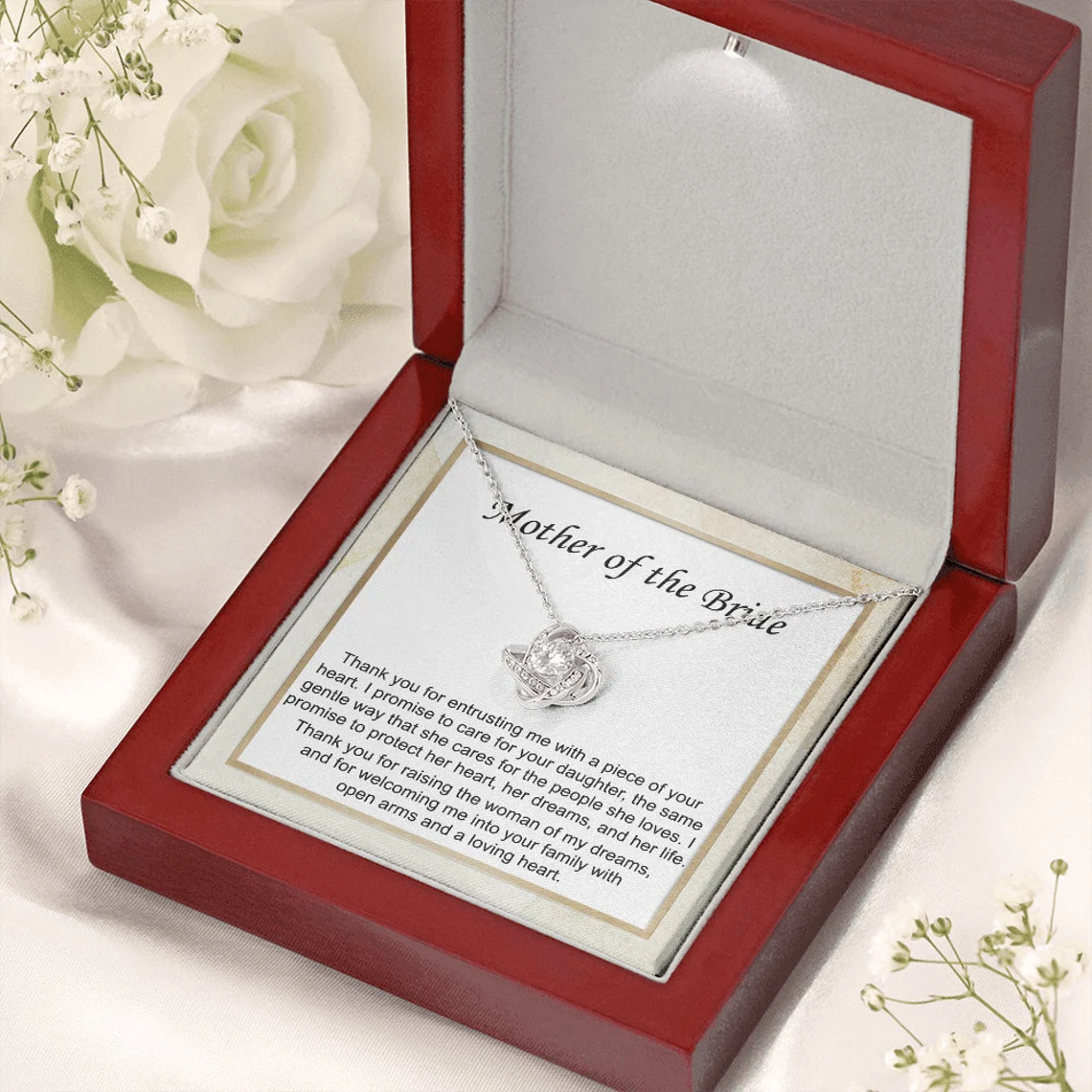 To Mother of Bride - S925 Love Knot Necklace "I Promise To Protect Her Heart" Wedding Gifts From Groom