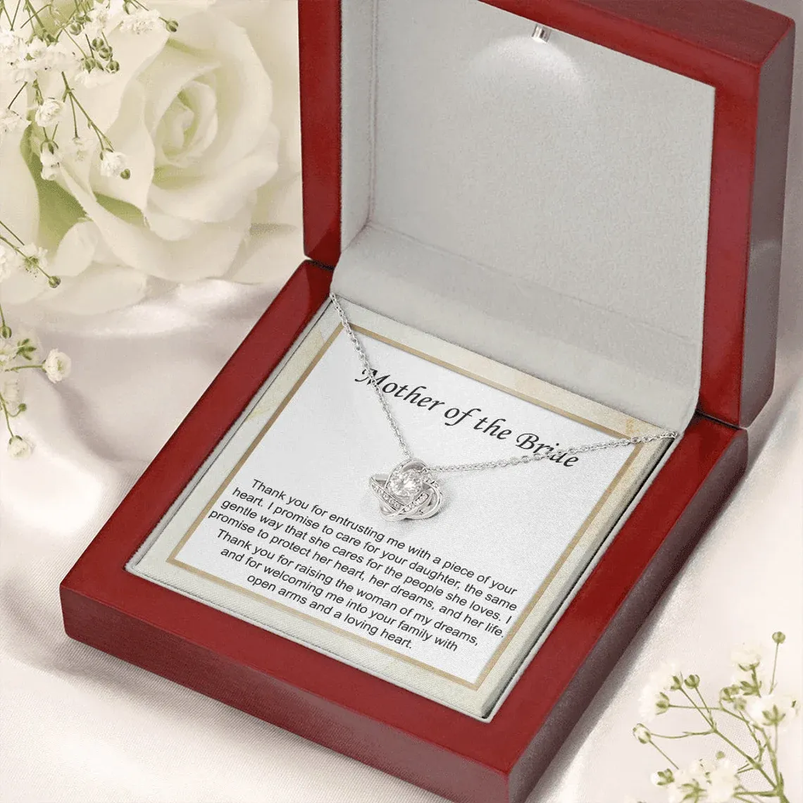 To Mother of Bride - S925 Love Knot Necklace "I Promise To Protect Her Heart" Wedding Gifts From Groom