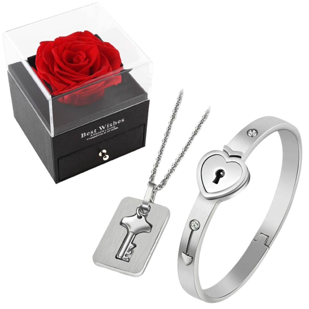 Key to My Heart Couple Key Necklace and Love Lock Bracelet Set