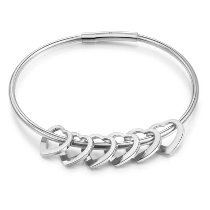 Bangle Bracelet Personalized with 6 Heart Shape Pendant Engraved 6 Names
