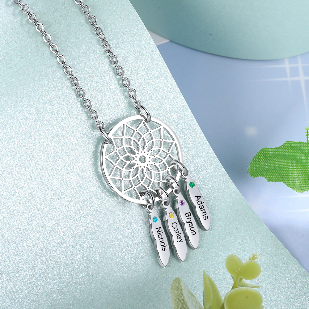 Personalized Dream Catcher Necklace with 4 Birthstones for Women