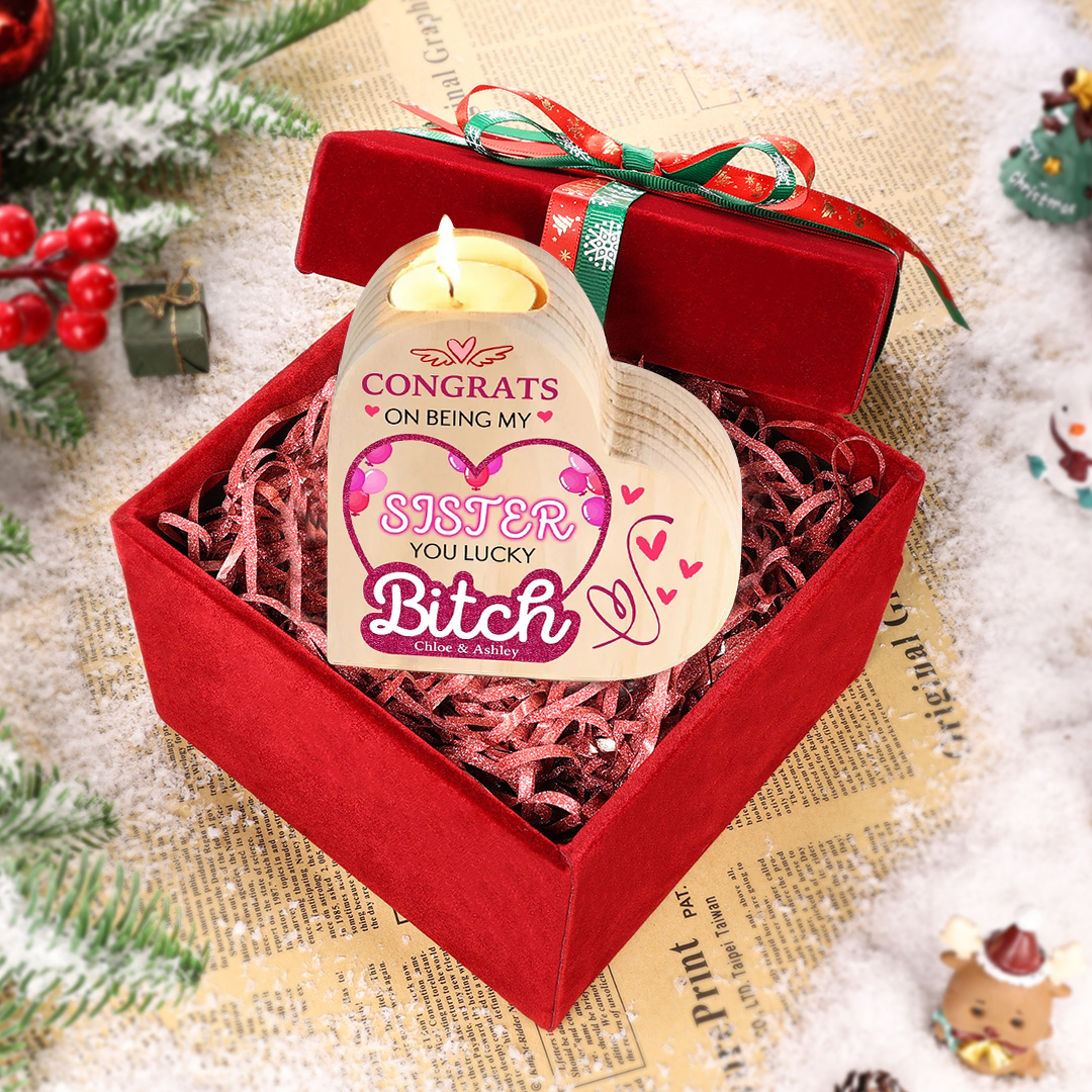 Personalized Heart Candle Holder Custom Text Wooden Candlestick "Congrats On Being My Sister" Funny Gift for Friend