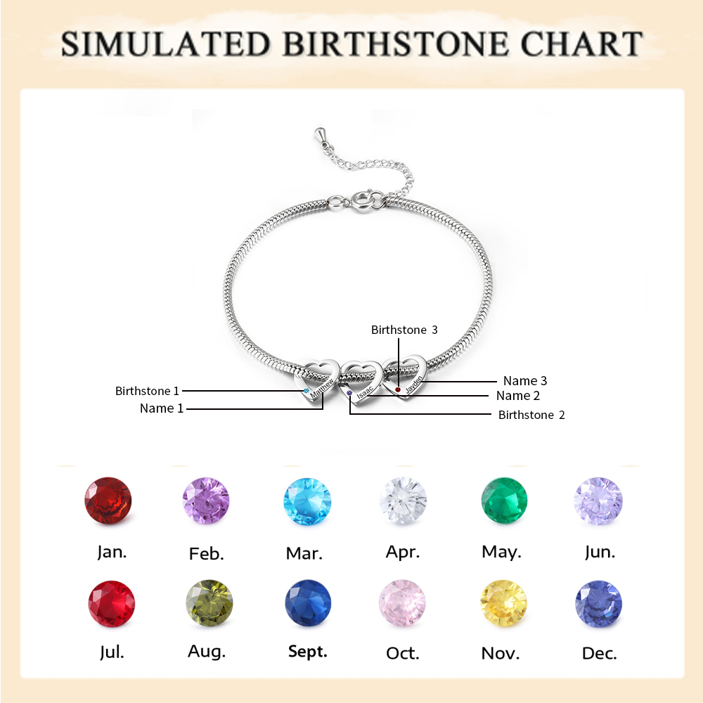 Custom Anklet Engraved 3 Names and Birthstones Heart Shaped Charm Personalized Bracelet for Women