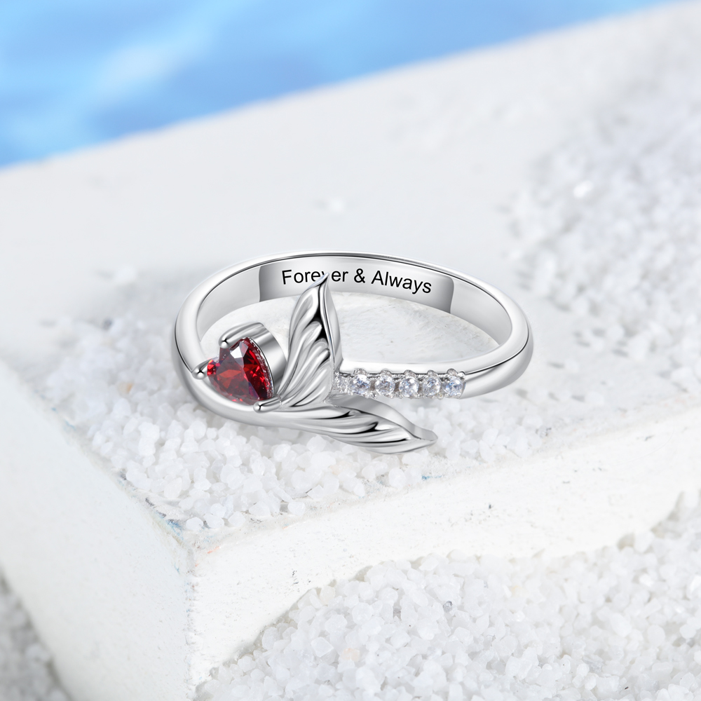 Personalized Mermaid Ring Silver with 1 Birthstone Gifts for Her